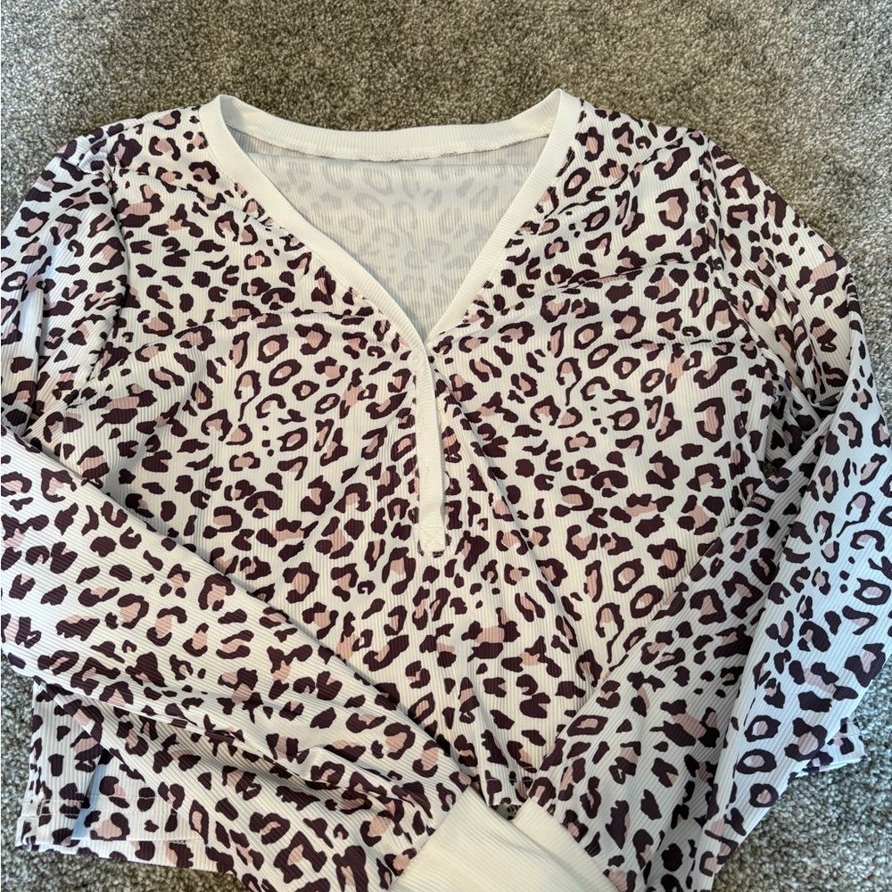 SHEIN Leopard Print Long Sleeve Top - White and Brown